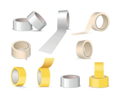 Duct,Tape,Rolls,Set.,Realistic,White,,Silver,And,Yellow,Adhesive